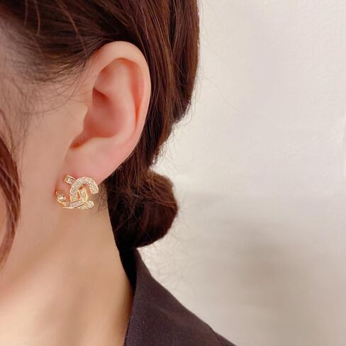 Golden Crystal Interlocking Stud Earrings, Cubic Zirconia, Hypoallergenic Alloy, Small Size, Trendy Design, Front and Back Style, Luxury Gift Jewelry for Women in Saudi Arabia