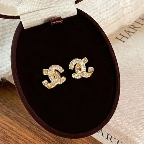 Golden Crystal Interlocking Stud Earrings, Cubic Zirconia, Hypoallergenic Alloy, Small Size, Trendy Design, Front and Back Style, Luxury Gift Jewelry for Women in Saudi Arabia