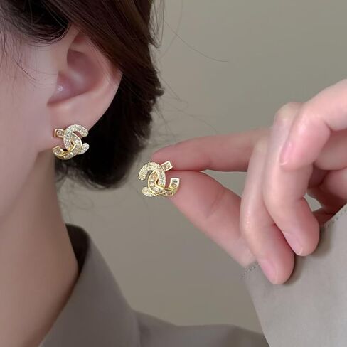 Golden Crystal Interlocking Stud Earrings, Cubic Zirconia, Hypoallergenic Alloy, Small Size, Trendy Design, Front and Back Style, Luxury Gift Jewelry for Women in Saudi Arabia