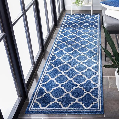 SAFAVIEH Amherst Collection Runner Rug - 2'3" x 9', Navy & Beige, Moroccan Trellis Design, Non-Shedding & Easy Care, Ideal for High Traffic Areas in Living Room, Bedroom (AMT422P) in Saudi Arabia