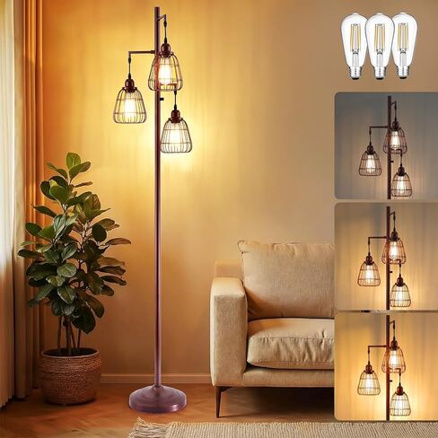 Black Dimmable 70'' Floor Lamp for Living Room Farmhouse 3-Light Tall Lamp with Bird Caged Lampshade Bedroom Floor Tree Standing Lamp (3xLED Bulb Included) - 315603BK in Saudi Arabia