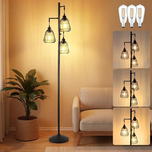 مصباح أرضي أسود قابل للتعتيم مقاس 70 بوصة لغرفة المعيشة ومزرعة 3 مصابيح طويلة مع عاكس الضوء في قفص الطيور لغرفة النوم ومصباح شجرة قائم على الأرض (متضمن لمبة 3xLED) - 315603BK in Kuwait