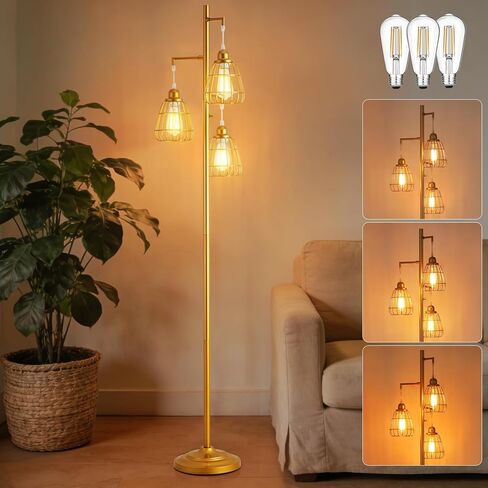 Black Dimmable 70'' Floor Lamp for Living Room Farmhouse 3-Light Tall Lamp with Bird Caged Lampshade Bedroom Floor Tree Standing Lamp (3xLED Bulb Included) - 315603BK in Saudi Arabia