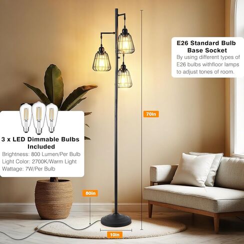 Black Dimmable 70'' Floor Lamp for Living Room Farmhouse 3-Light Tall Lamp with Bird Caged Lampshade Bedroom Floor Tree Standing Lamp (3xLED Bulb Included) - 315603BK in Saudi Arabia
