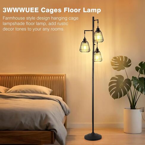 Black Dimmable 70'' Floor Lamp for Living Room Farmhouse 3-Light Tall Lamp with Bird Caged Lampshade Bedroom Floor Tree Standing Lamp (3xLED Bulb Included) - 315603BK in Saudi Arabia
