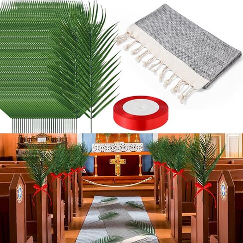 52 Pcs Easter Palm Sunday Artificial Palm Leaves Stems Include 50 Pcs Tropical Faux Leaves 1 Pack Grey Cotton Rugs 1 Pack Red Ribbon Sunday Home Arrangement Theme Luau Jungle Wedding Party in Saudi Arabia