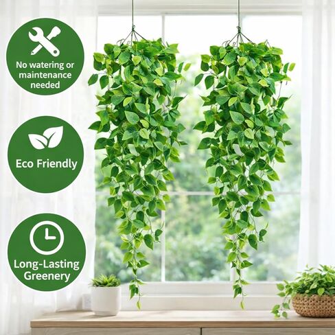 نباتات Adak المزيفة المعلقة (عبوتان) - أكاليل خضراء من اللبلاب الاصطناعي لديكور الغرفة وغرفة النوم وغرفة المعيشة والمطبخ والمكتب والفناء - ديكور معلق داخلي وخارجي (بدون أصيص زهور) in Kuwait