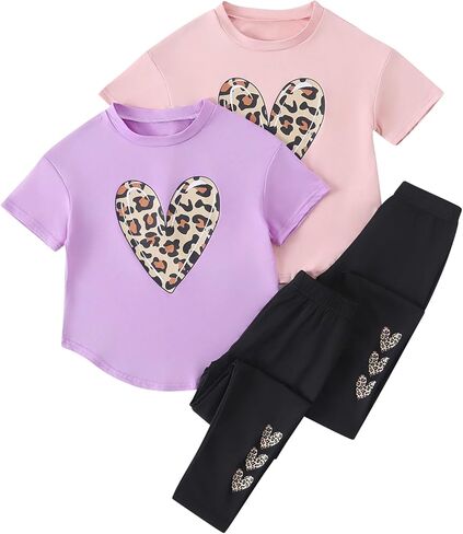 Girls Outfits Fashion Short Sleeve Shirts Tops and Pants Fashion Heart Leopard Print Sets Cute Summer Clothes 4 Piece in Saudi Arabia