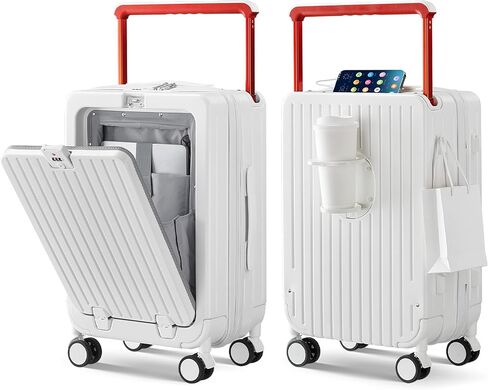 Carry On Luggage Wide Handle 20 Inch Front Opening Hard Shell Suitcases with Wheels, Airline Approved PC Luggage with Cup Phone Holder and Charger, White in Saudi Arabia