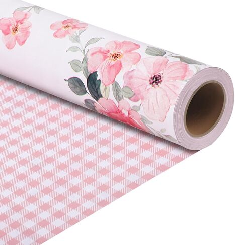 woric Reversible Floral Wrapping Paper Roll 17 Inch x 33 Feet Pink Floral Plaid Gift Wrapping for Wedding, Bridal Shower, Mother's Day, Birthday, Baby Shower, Spring Easter Decor in Saudi Arabia