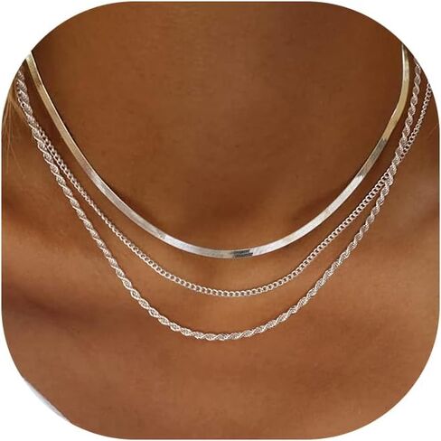مجموعة قلادة من الذهب والفضة الاسترليني للنساء، قلادات سلسلة من 3 طبقات - قلادات حبل كوبي قابلة للتعديل ذات طبقات متعرجة للنساء هدية مجوهرات عصرية in Kuwait