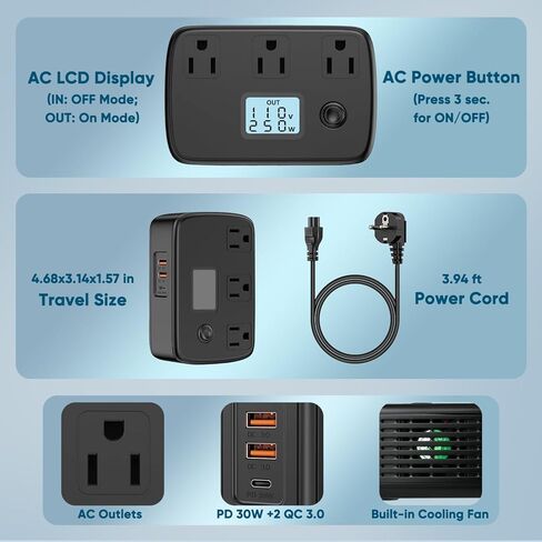 Universal Travel Adapter 220v to 110v Converter with 3 AC Outlets + 2 QC3.0 + 1 PD30W + LCD Display, 250W Voltage Converter Travel Power Converter Adapter Combo for EU/UK/AU/Italy/Asia/South Africa in Kuwait