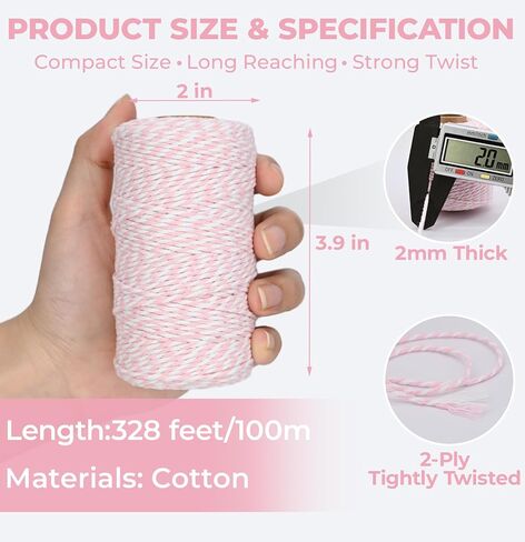 Pink and White Cotton Twine String, 328 Feet, 2mm Thick, for Crafts Gift Wrapping Baking Holiday Decor in Saudi Arabia