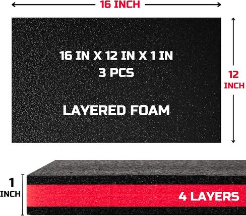 ONREVA Tool Box Foam 16x12x1 inch 3Pack, Foam Inserts for Cases, Polyethylene Storage Sheets for Toolbox Hard Case, Tool Shadow Insert, Kaizen Organizer Sheet, Black with Red in Kuwait
