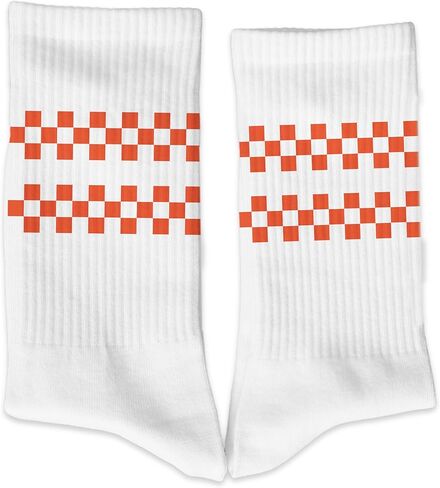 White Crew Socks with Orange Checkered Design – Comfortable Cotton Athletic Socks for Skateboarding, Street Fashion, Casual Wear.(045) in Kuwait