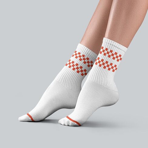 White Crew Socks with Orange Checkered Design – Comfortable Cotton Athletic Socks for Skateboarding, Street Fashion, Casual Wear.(045) in Kuwait