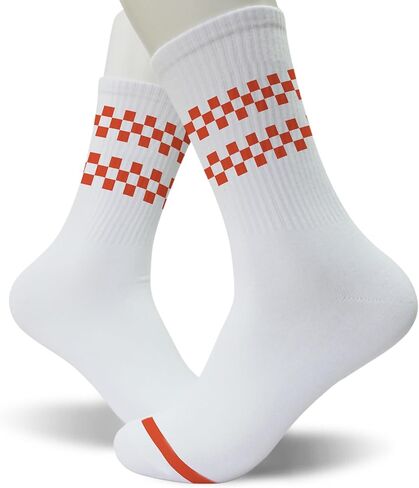 White Crew Socks with Orange Checkered Design – Comfortable Cotton Athletic Socks for Skateboarding, Street Fashion, Casual Wear.(045) in Kuwait