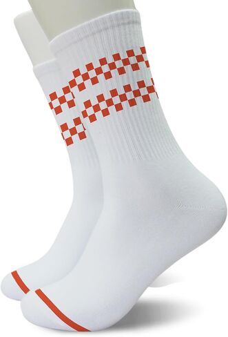 White Crew Socks with Orange Checkered Design – Comfortable Cotton Athletic Socks for Skateboarding, Street Fashion, Casual Wear.(045) in Kuwait