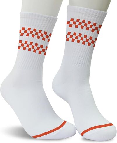 White Crew Socks with Orange Checkered Design – Comfortable Cotton Athletic Socks for Skateboarding, Street Fashion, Casual Wear.(045) in Kuwait