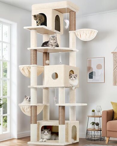 Globlazer Large Cat Tree, 80 inch Multi-Level Tall Climbing Tower Kitty Condos Cat Scratching Tower for Indoor Multiple Large Adult Cats Kittens with 3 Cat Caves, 3 Hanging Baskets, F80F, Light Grey in Kuwait