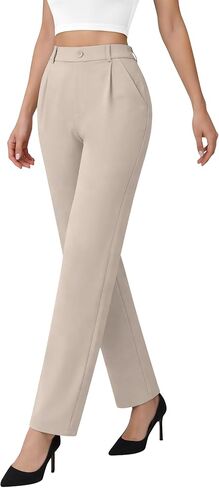 Womens High Waisted Stretchy Dress Work Pants Straight Leg Pull On Business Casual Office Slacks with Pockets in Saudi Arabia