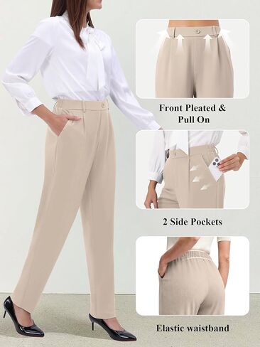 Womens High Waisted Stretchy Dress Work Pants Straight Leg Pull On Business Casual Office Slacks with Pockets in Saudi Arabia