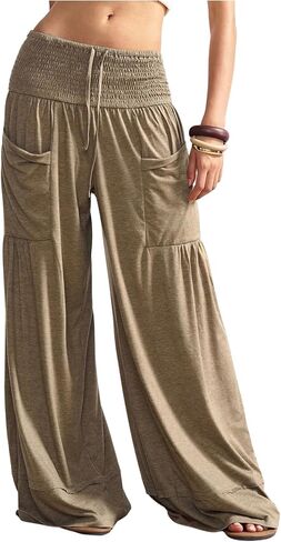 SOLY HUX Women's Palazzo Pants Boho Baggy Wide Leg Trousers with Pocket Travel Outfit in Kuwait