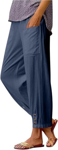 Women Linen Pants Drawstring Elastic Waist Wide Leg Capri Pants Summer Beach Casual Clothes in Kuwait