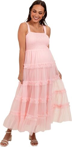 PinkBlush Light Smocked Ruffle Tiered Tulle Maternity Midi Dress in Saudi Arabia