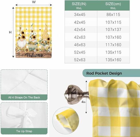 Gnomes Sunflower Tie Up Curtains for Window, Yellow Checkered Pastoral Botanical Wooden Thermal Insulated Balloon Shade Rod Pocket Curtains Valance Panels for Kitchen Bathroom Café 34'' x 45'' in Saudi Arabia