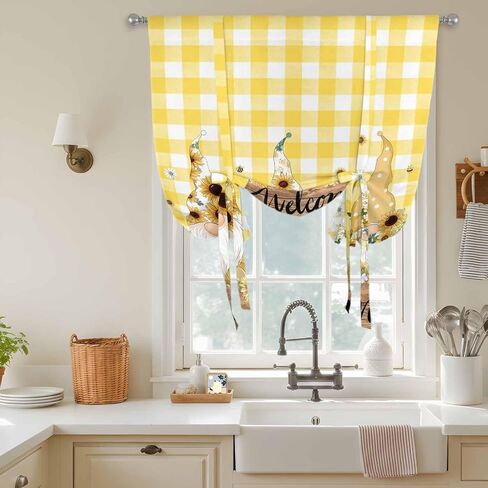 Gnomes Sunflower Tie Up Curtains for Window, Yellow Checkered Pastoral Botanical Wooden Thermal Insulated Balloon Shade Rod Pocket Curtains Valance Panels for Kitchen Bathroom Café 34'' x 45'' in Saudi Arabia