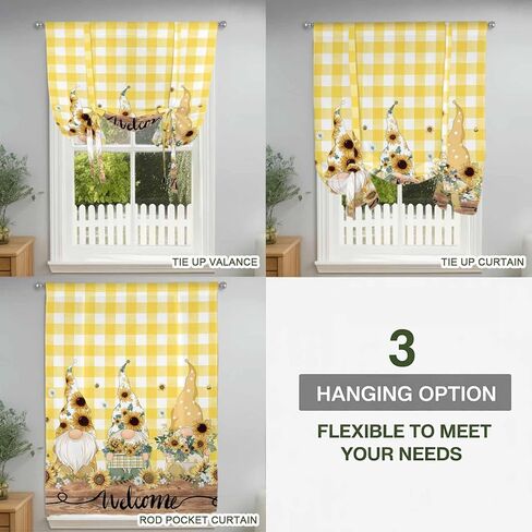 Gnomes Sunflower Tie Up Curtains for Window, Yellow Checkered Pastoral Botanical Wooden Thermal Insulated Balloon Shade Rod Pocket Curtains Valance Panels for Kitchen Bathroom Café 34'' x 45'' in Saudi Arabia
