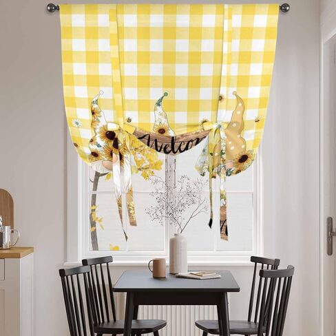 Gnomes Sunflower Tie Up Curtains for Window, Yellow Checkered Pastoral Botanical Wooden Thermal Insulated Balloon Shade Rod Pocket Curtains Valance Panels for Kitchen Bathroom Café 34'' x 45'' in Saudi Arabia