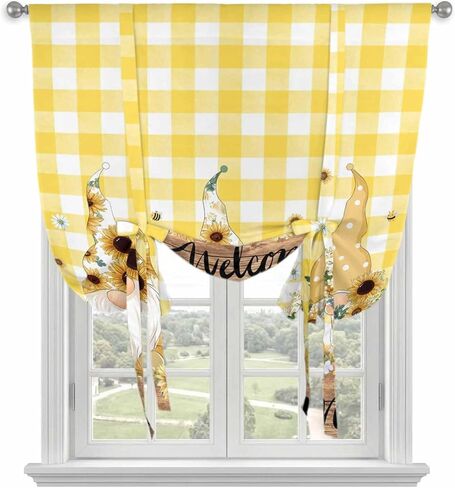 Gnomes Sunflower Tie Up Curtains for Window, Yellow Checkered Pastoral Botanical Wooden Thermal Insulated Balloon Shade Rod Pocket Curtains Valance Panels for Kitchen Bathroom Café 34'' x 45'' in Saudi Arabia