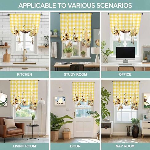 Gnomes Sunflower Tie Up Curtains for Window, Yellow Checkered Pastoral Botanical Wooden Thermal Insulated Balloon Shade Rod Pocket Curtains Valance Panels for Kitchen Bathroom Café 34'' x 45'' in Saudi Arabia