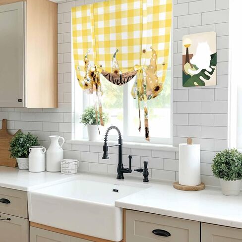 Gnomes Sunflower Tie Up Curtains for Window, Yellow Checkered Pastoral Botanical Wooden Thermal Insulated Balloon Shade Rod Pocket Curtains Valance Panels for Kitchen Bathroom Café 34'' x 45'' in Saudi Arabia