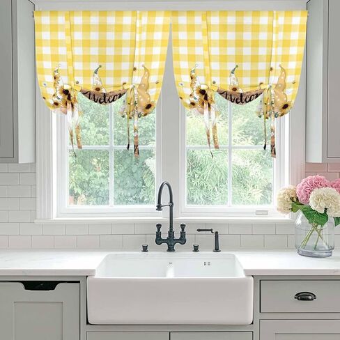 Gnomes Sunflower Tie Up Curtains for Window, Yellow Checkered Pastoral Botanical Wooden Thermal Insulated Balloon Shade Rod Pocket Curtains Valance Panels for Kitchen Bathroom Café 34'' x 45'' in Saudi Arabia