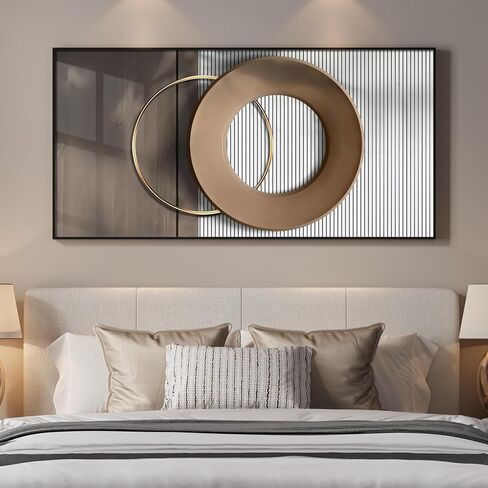 Large Horizontal Modern Wall Art for Bedroom, Framed Neutral Picture Prints, Minimalist White Brown Circle Geometric Painting Artwork Decor for Living Room Dining Room Hallway Office 28x57 Inch in Saudi Arabia
