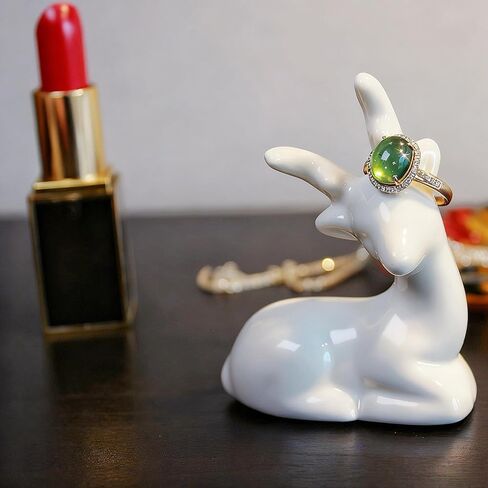 Porcelain Animal Ring Holder - Ceramic Creature Jewelry Organizer, White Vanity Decor for Rings/Accessories, Compact Jewelry Storage Gift (deer) in Saudi Arabia