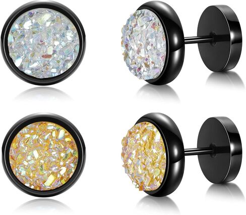 MDFUN Fake Gauge Plugs Screw Earrings for Men Women Surgical Stainless Steel 18K Black Gold Plated Glitter Stone 10mm Round Dumbell Flatback Studs Ear Tunnel Piercings in Saudi Arabia