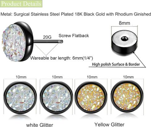MDFUN Fake Gauge Plugs Screw Earrings for Men Women Surgical Stainless Steel 18K Black Gold Plated Glitter Stone 10mm Round Dumbell Flatback Studs Ear Tunnel Piercings in Saudi Arabia