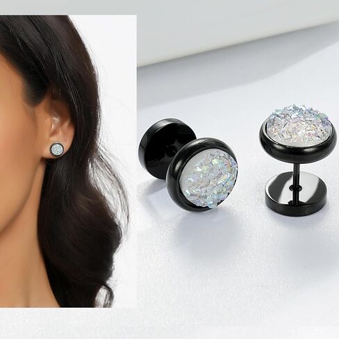 MDFUN Fake Gauge Plugs Screw Earrings for Men Women Surgical Stainless Steel 18K Black Gold Plated Glitter Stone 10mm Round Dumbell Flatback Studs Ear Tunnel Piercings in Saudi Arabia