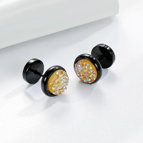 MDFUN Fake Gauge Plugs Screw Earrings for Men Women Surgical Stainless Steel 18K Black Gold Plated Glitter Stone 10mm Round Dumbell Flatback Studs Ear Tunnel Piercings in Saudi Arabia
