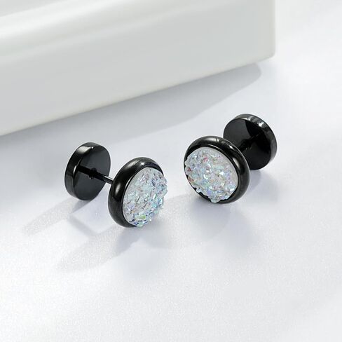 MDFUN Fake Gauge Plugs Screw Earrings for Men Women Surgical Stainless Steel 18K Black Gold Plated Glitter Stone 10mm Round Dumbell Flatback Studs Ear Tunnel Piercings in Saudi Arabia