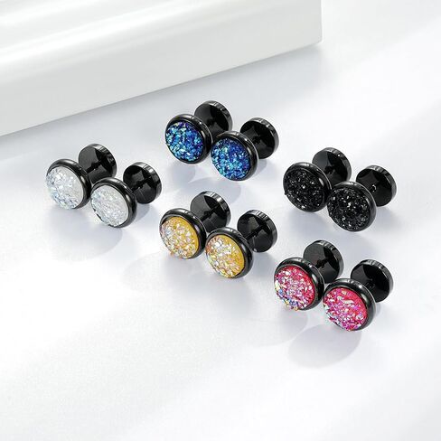 MDFUN Fake Gauge Plugs Screw Earrings for Men Women Surgical Stainless Steel 18K Black Gold Plated Glitter Stone 10mm Round Dumbell Flatback Studs Ear Tunnel Piercings in Saudi Arabia