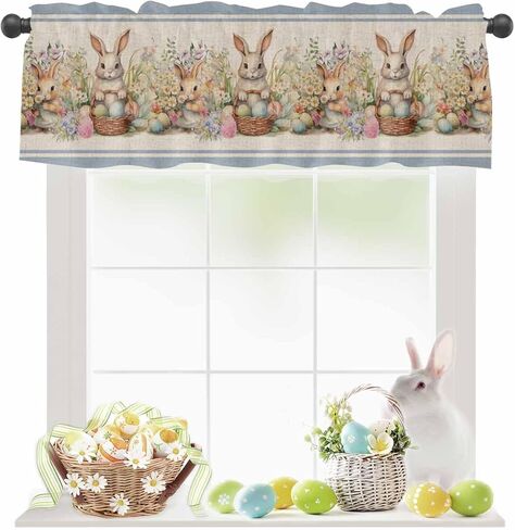 Easter Valances for Windows Bunny FLowes Blanket Window Valances Rod Pocket Vintage Blue Window Treatment Spring Holiday Decor Valances for Kitchen Living Room Bedroom, 60x18in in Saudi Arabia