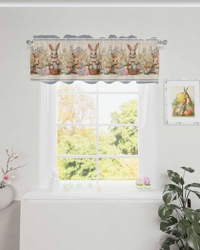 Easter Valances for Windows Bunny FLowes Blanket Window Valances Rod Pocket Vintage Blue Window Treatment Spring Holiday Decor Valances for Kitchen Living Room Bedroom, 60x18in in Saudi Arabia