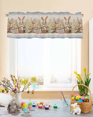 Easter Valances for Windows Bunny FLowes Blanket Window Valances Rod Pocket Vintage Blue Window Treatment Spring Holiday Decor Valances for Kitchen Living Room Bedroom, 60x18in in Saudi Arabia