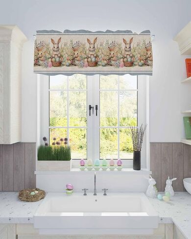 Easter Valances for Windows Bunny FLowes Blanket Window Valances Rod Pocket Vintage Blue Window Treatment Spring Holiday Decor Valances for Kitchen Living Room Bedroom, 60x18in in Saudi Arabia
