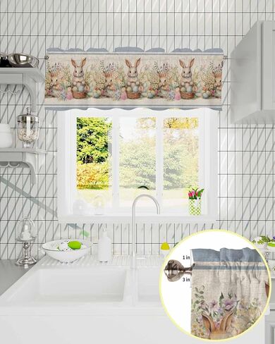 Easter Valances for Windows Bunny FLowes Blanket Window Valances Rod Pocket Vintage Blue Window Treatment Spring Holiday Decor Valances for Kitchen Living Room Bedroom, 60x18in in Saudi Arabia